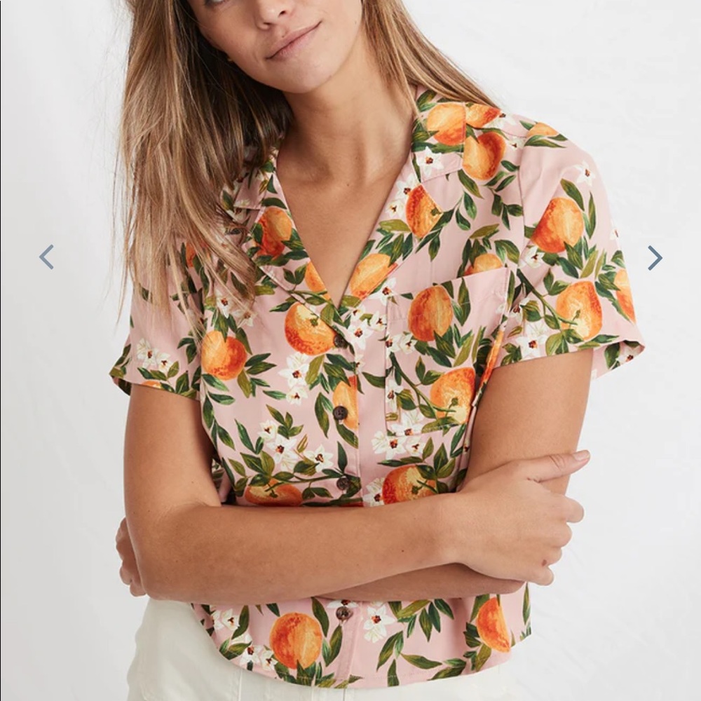 Marine Layer Lucy resort shirt orange fruit print